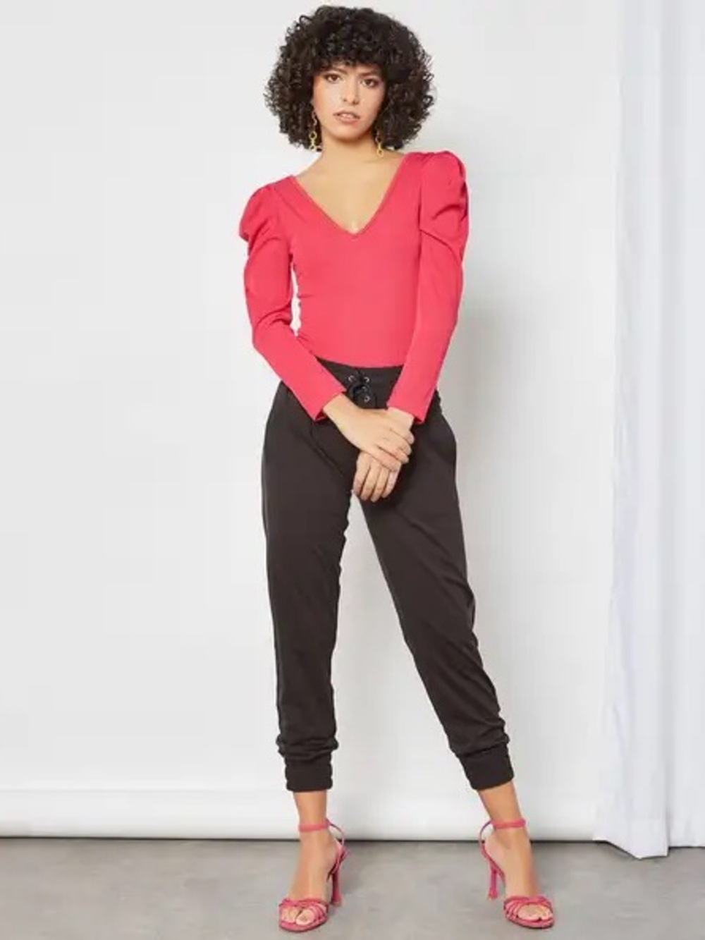 22. V- Neck Puff Sleeve Bodysuit in Coral Pink